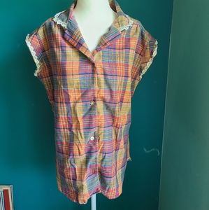 Volup vintage size large plaid top, lace, cottagecore, vintage blouse, rainbow